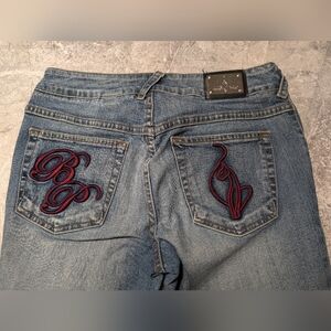 Vintage Y2K Baby Phat Blue Jean Capris with Red Embroidery Ankle Zippers Size 7
